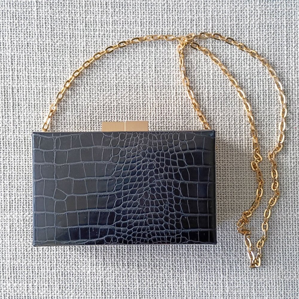 FOREVER21 Black faux Leather stylish clutch with golden chain and clasp